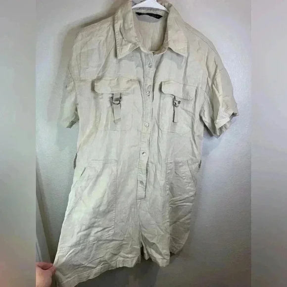 Zara Women's Linen Viscose Blend Short Sleeve Button Up Beige Romper Size M - Picture 1 of 7